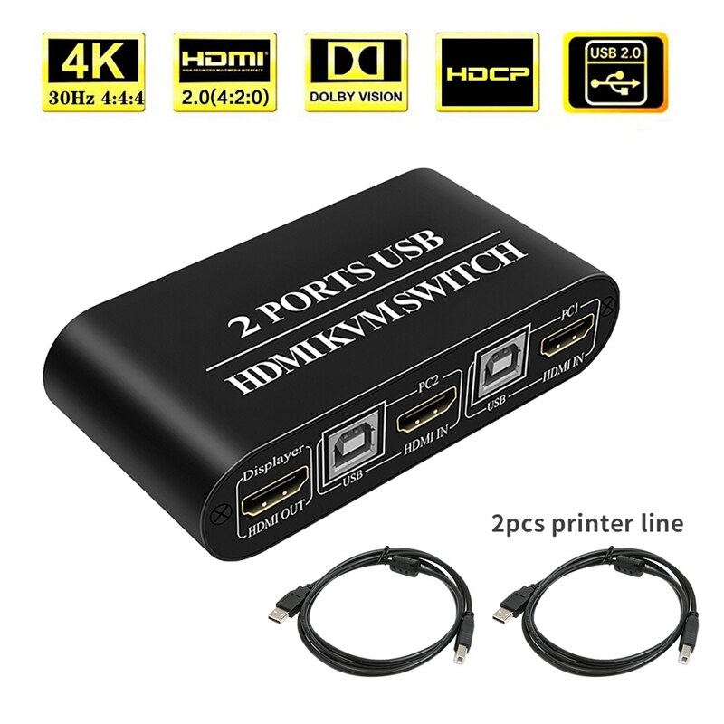 HDMI KVM Switch 2Port Box Share 2 Computers Support 3X USB3.0 Wireless Keyboard and Mouse Connections HUD 4K (3840X2160)