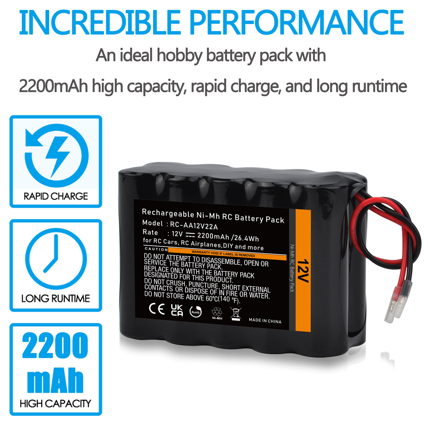 12V RC Battery with Bare Leads 2200mAh Ni-MH 10 Cells Rechargeable Battery for RC Car, RC Boat, RC Robot, RC Airplane, DIY