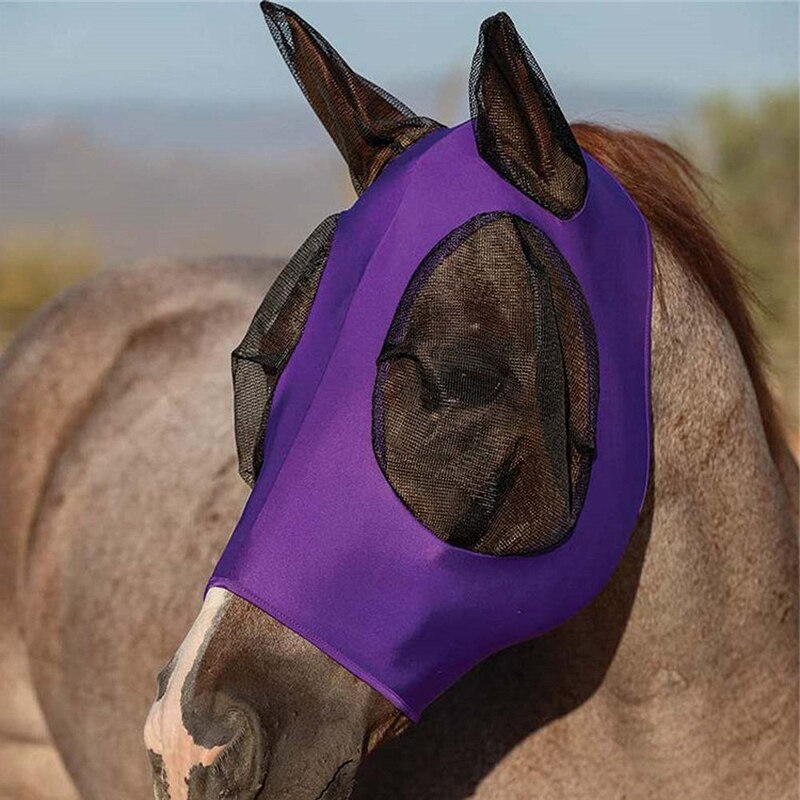 Mesh hest anti-myg maske hoved anti flyvende insekter beskytter dæksel m / øre muff hest udstyr åndbar 5 farver: Lilla