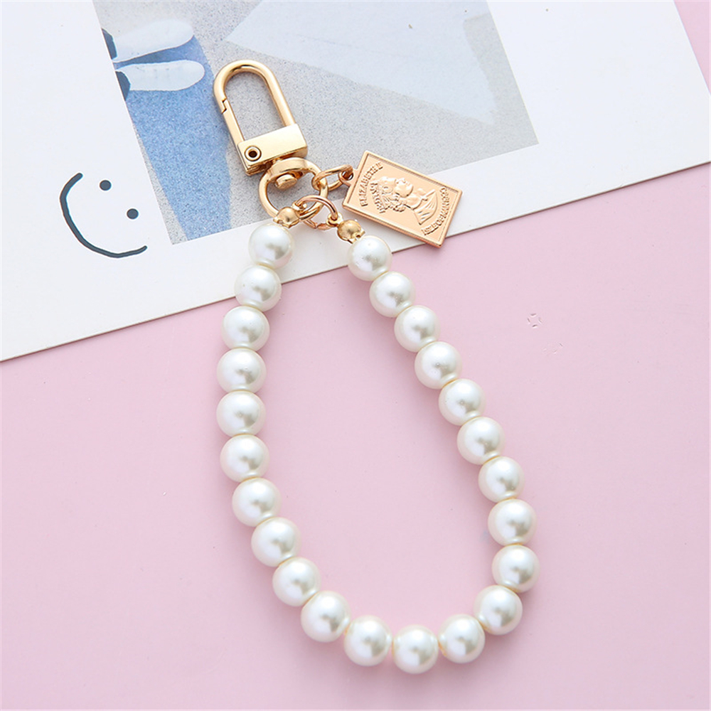 LLavero de perla simulada para Aorpods, colgante para bolso, llavero con cuentas para mujer, accesorios de joyería DIY para teléfono móvil: Blanco