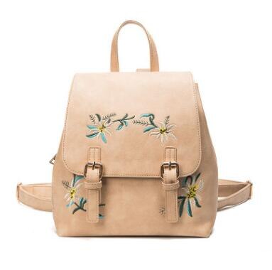 Mochilas de cuero para mujer, mochila a la para mujer, mochilas de escuela para niñas, Mochila pequeña con bordado Floral, mochila con flores: Caqui