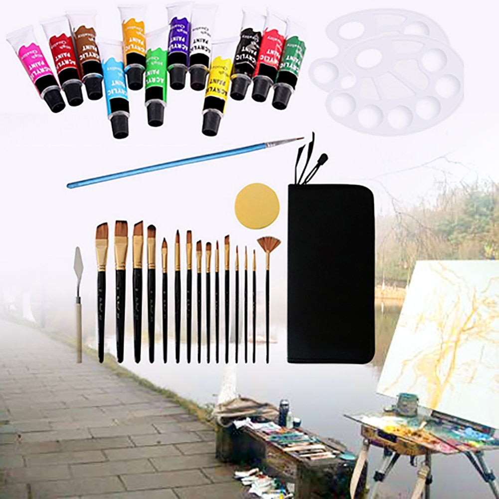 33pcs Acrylic Artist Painting Set Aluminum Table Easel 12 Acrylic Colors Stretched Canvas Paint Brushes Plastic Palette