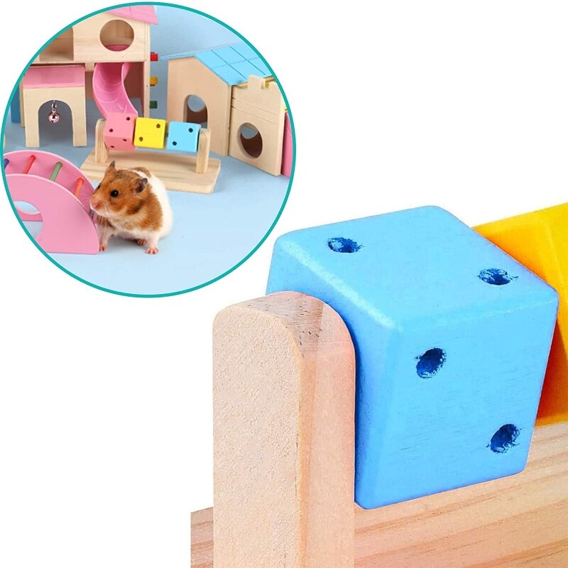 Juguetes para masticar para mascotas pequeñas, plataforma de madera con bloques de madera de colores para Conejo, hámster, Gerbil, Degu, jaula de conejo, accesorios