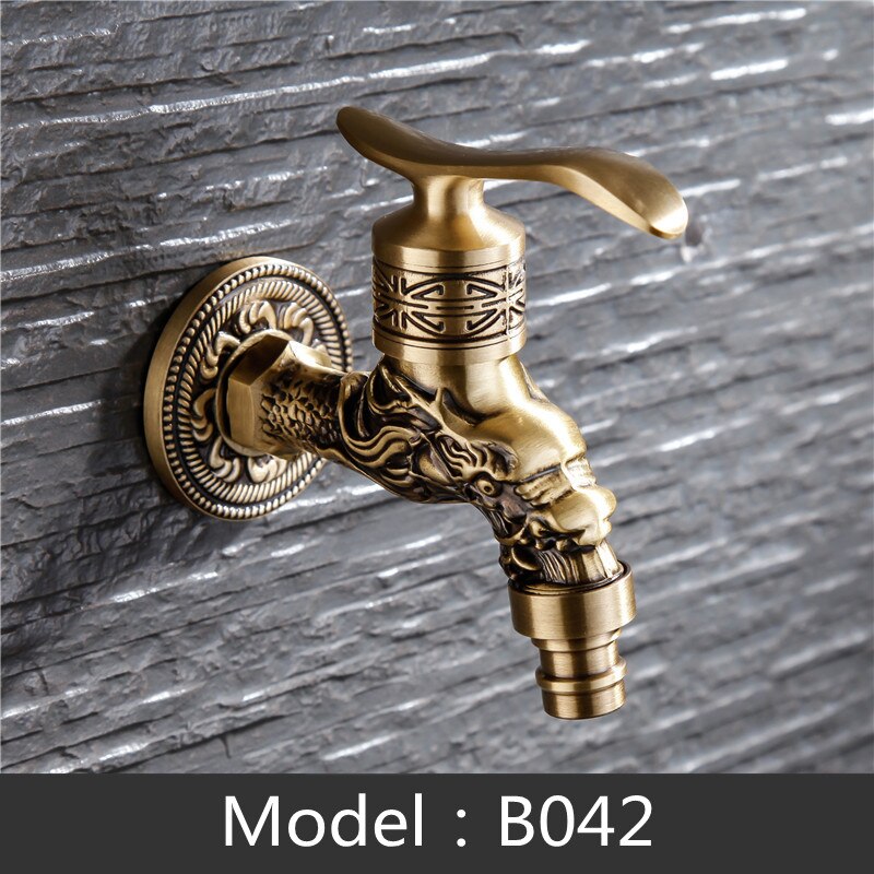 Carved Wall Mount Decorative Outdoor Garden Faucet Bibcock Brass Retro Tap Bathroom Washing Machine Mop Tap Antique WC Faucet: B042
