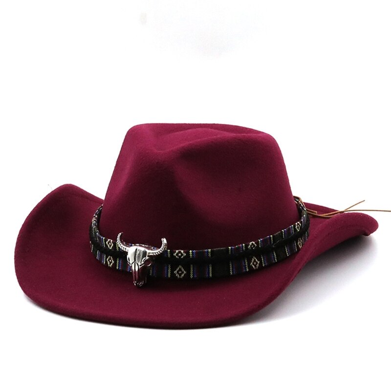 Retro Cashmere Jazz Hat Cow Head Western Cowboy Hat Outdoor Hipster Vacation: Red wine
