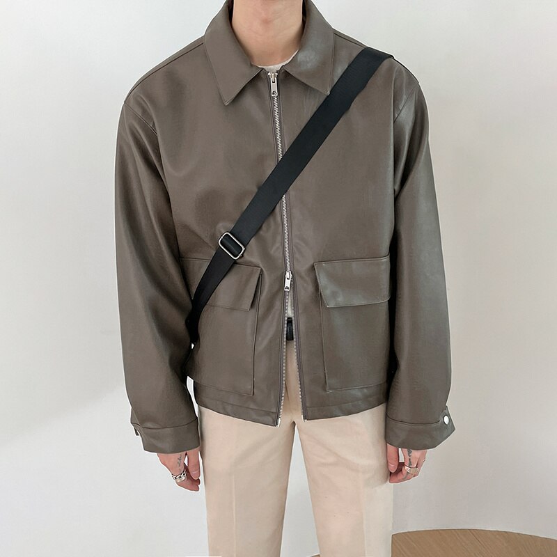 IEFB Korean Style Biker Lapel Men PU Leather Jacket 2022 Spring Black Zipper Coats Simple Chic Loose Jackets 9A1170: Dark Brown / M