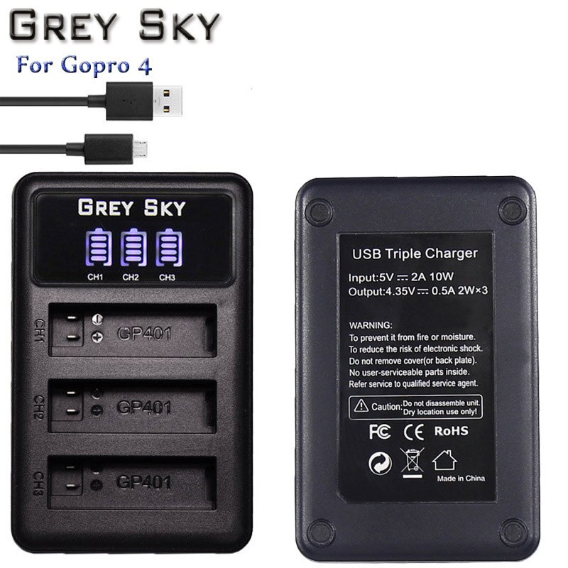 4 Uds. Batería AHDBT-401 de 1680mAh para Gopro Hero 4 batería AHDBT401 go pro 4 + cargador USB LED de 3 puertos para cámara GoPro Hero4 HERO4: 3-Slots Charger