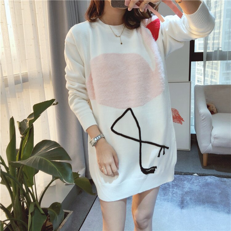 Women Sweaters Dresses Knitted Long Pullovers Blouse Shirts Female Tops Embroidery Animal C-080