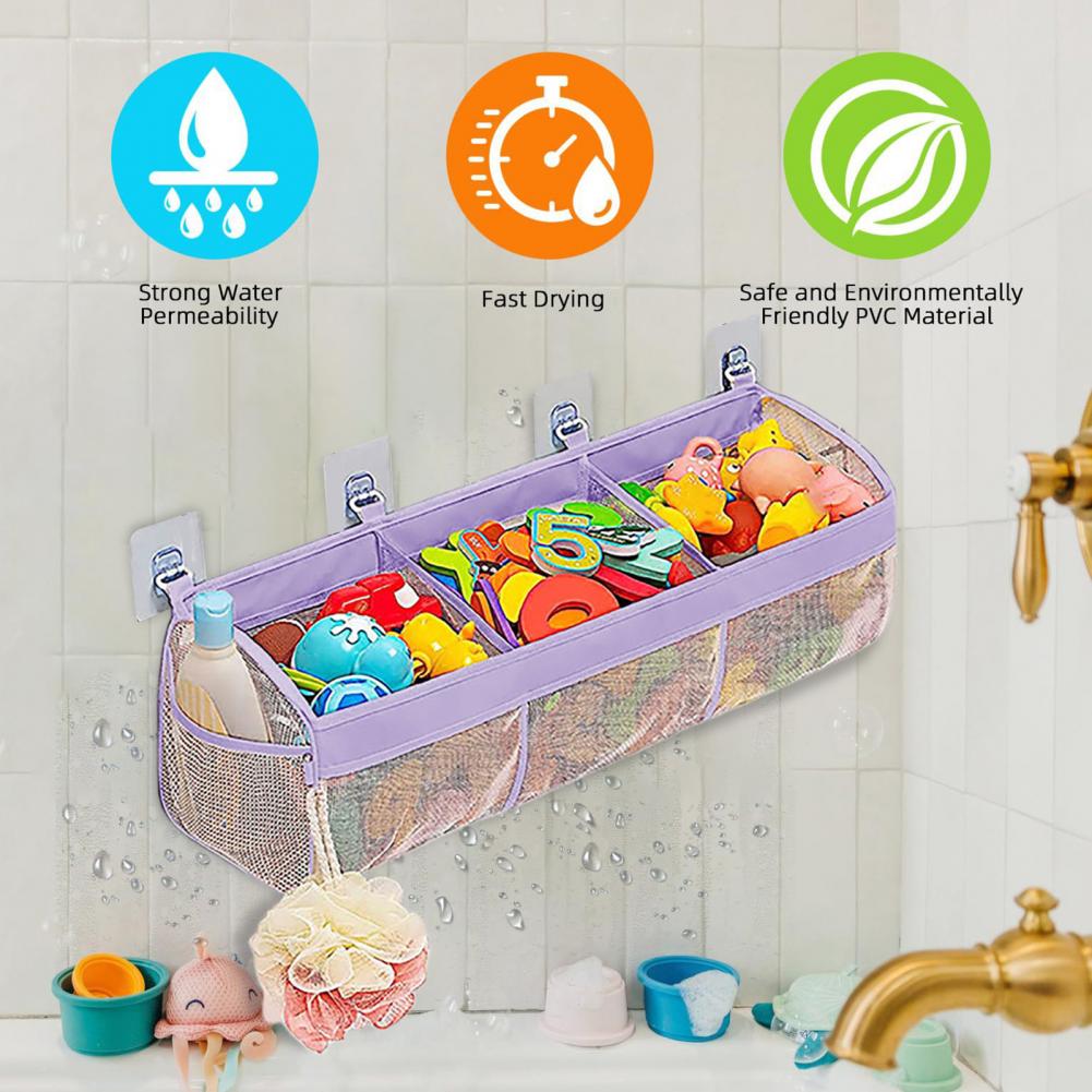Sac de rangement de jouets de salle de bains, sac de rangement de jouets de bain à 3 compartiments de dessin animé, jouet de baignoire mural pratique pour salle de bain