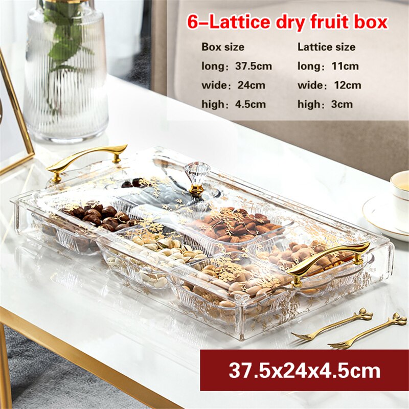 Caja transparente de frutos secos dorados para fruta, bandeja creativa europea para aperitivos, semillas de melón, plato de acrílico empaquetado con azúcar