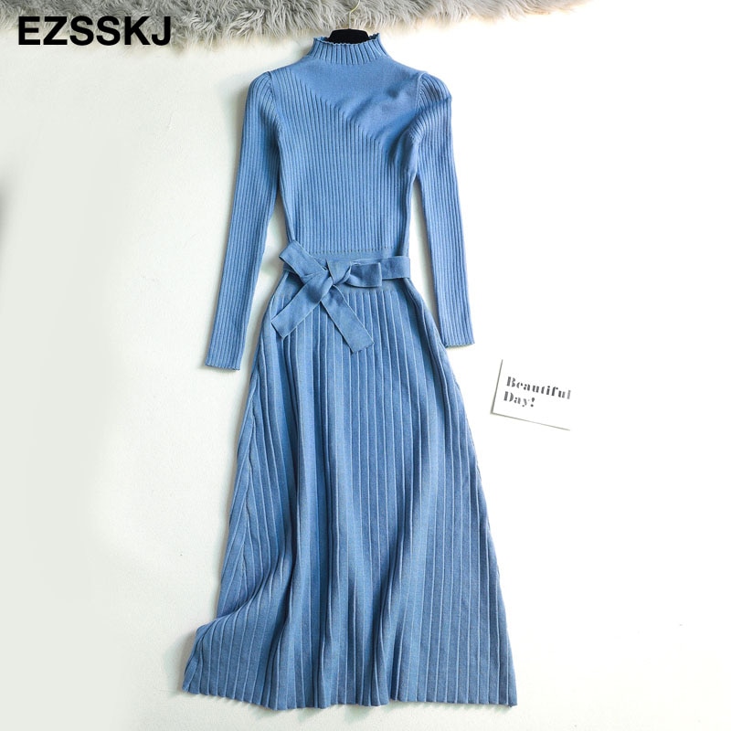 herfst winter maxi trui jurk vrouwen lange mouw OL vrouwelijke lange trui jurk met riem elegante a-lijn solid slim jurk