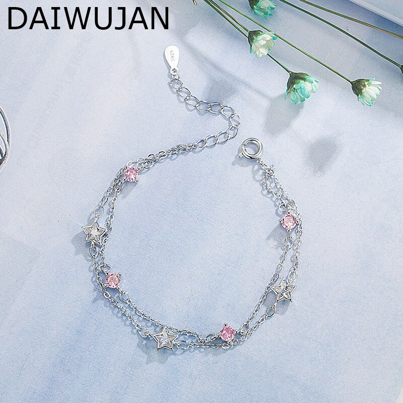 Daiwujan Dubbele Lagen Stars Charm Armbanden Voor Mode Vrouwen 5A Wit Roze Blauw Zirkoon 925 Zilveren Ketting Armband Partij Sieraden