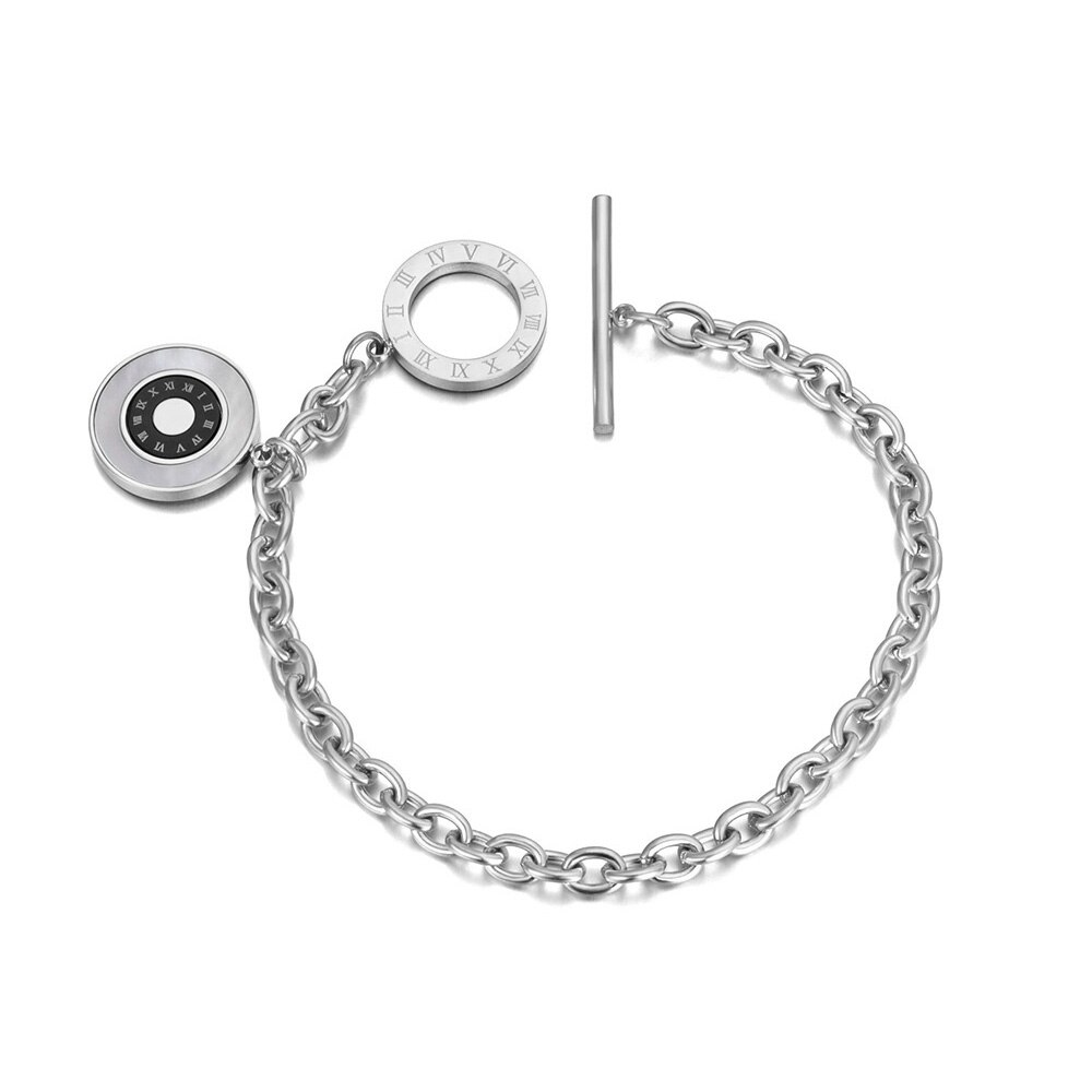 Lokaer Titanium Aço Inoxidável Branco Shell Círculo Charme Pulseiras Para Mulheres Bohemia Trendy Numerais Romanos Pulseira Cadeia B20077: Cor de aço