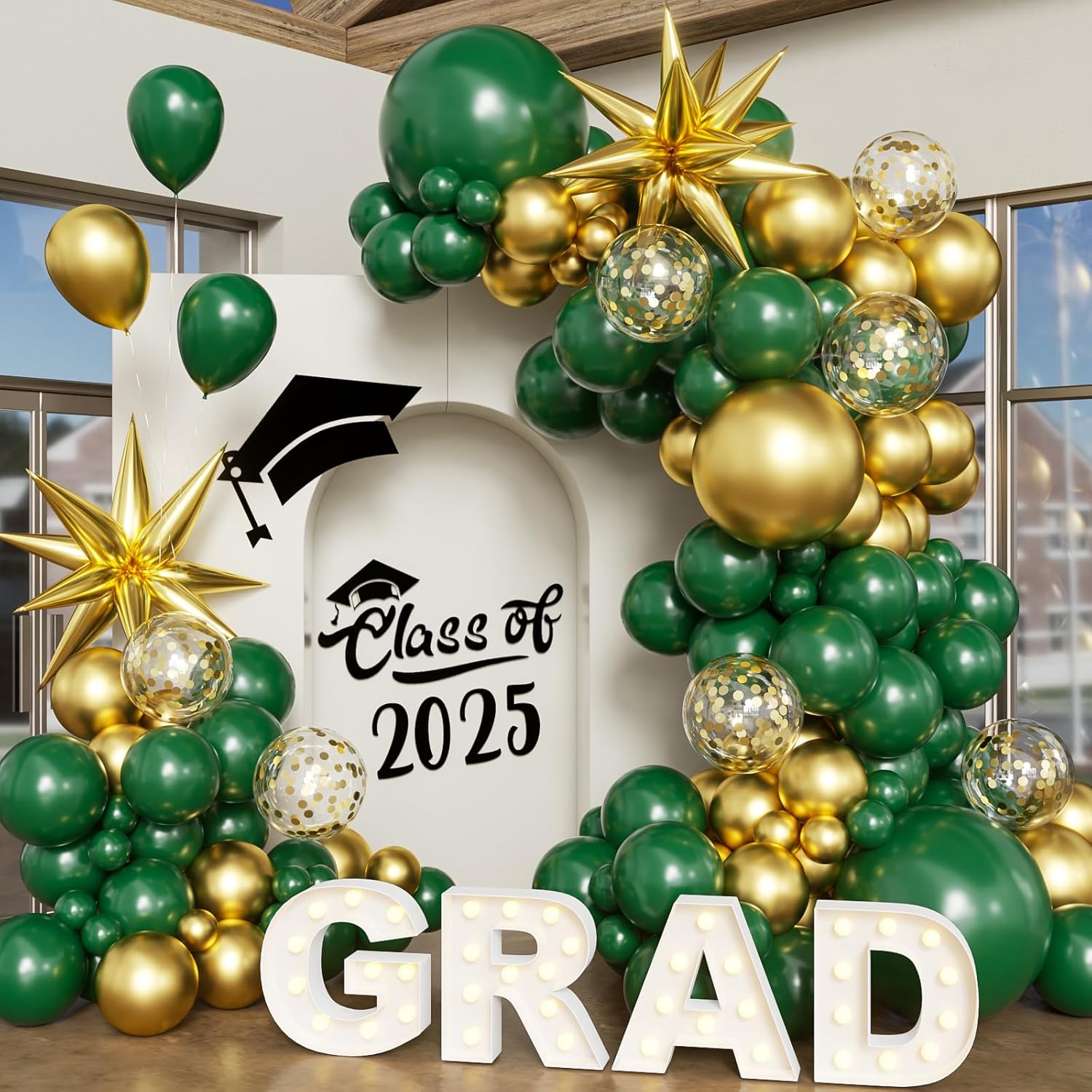 El juego de arco de globos de graduación incluye decoraciones de arco de globos azul, blanco y dorado, adecuadas para decoraciones de clase de 2025