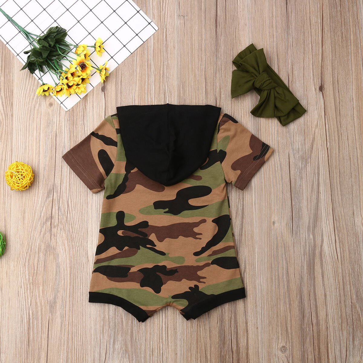 Kids Baby Girl Clothes Camouflage Hooded Short Sleeve Romper Jumpsuit Overall Outfit Set