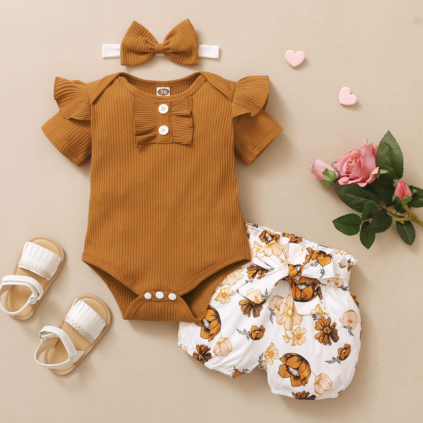 Girl Outfits Toddler Baby Girls Clothes Summer Solid Short Sleeve Ruffle Romper Bodysuit+Floral Print Shorts Headbands Outfits