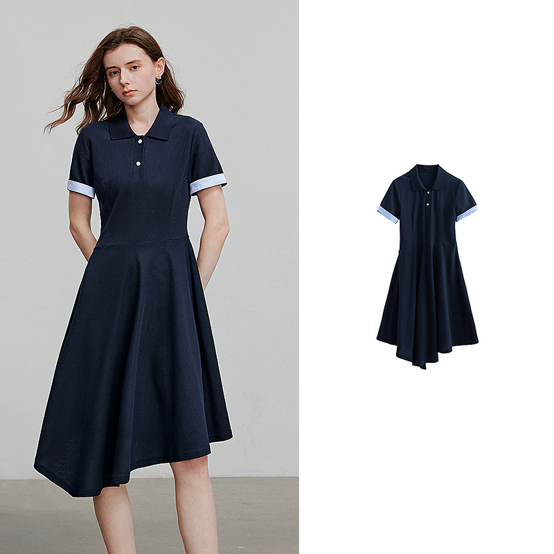 TOYOUTH Women Dress Summer Short Sleeve Casual POLO Dress 8529014: S / Navy Blue