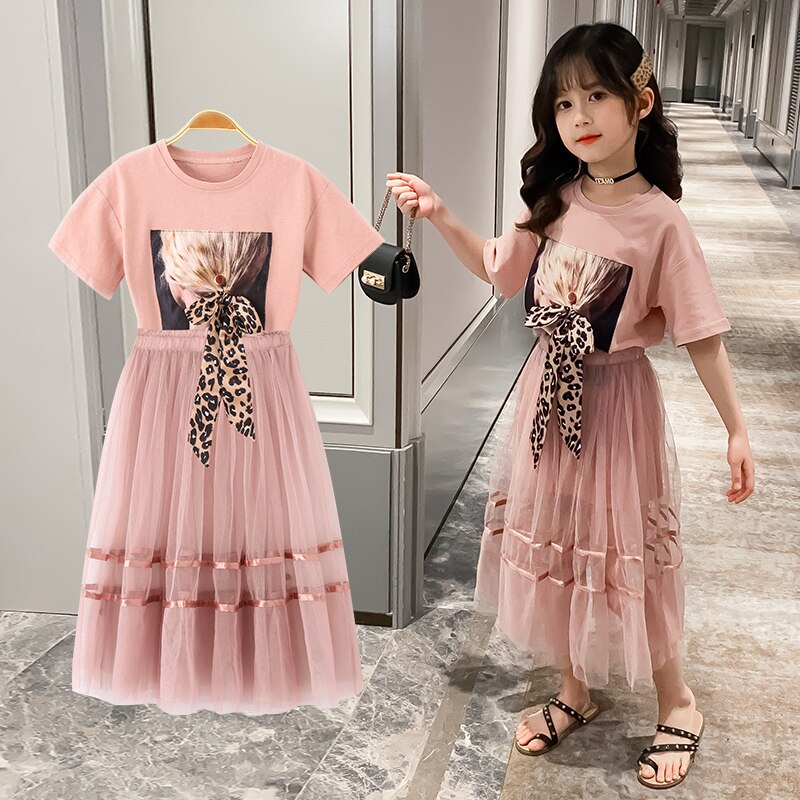 School Clothes Sets For Girls Summer 2Pcs Clothes Set Cotton Tshirt + Mesh Skirt Kids Teenage Outfits 4 6 8 10 12 Years