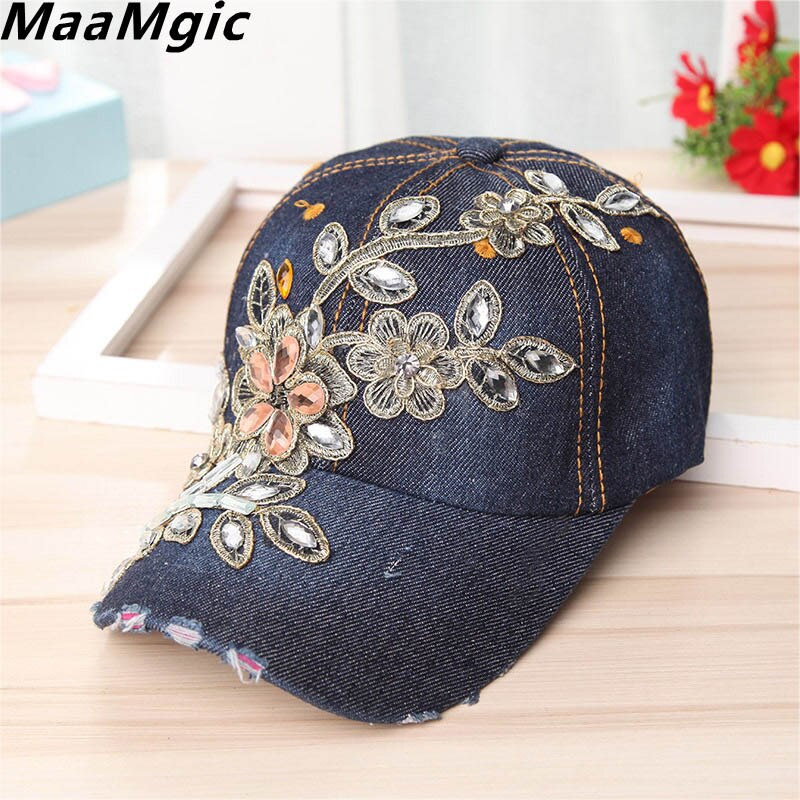 Nueva gorra de béisbol de lujo con diamantes de imitación para mujer gorra de béisbol vaquero con patrón floral de para mujer con diamantes de cristal: A