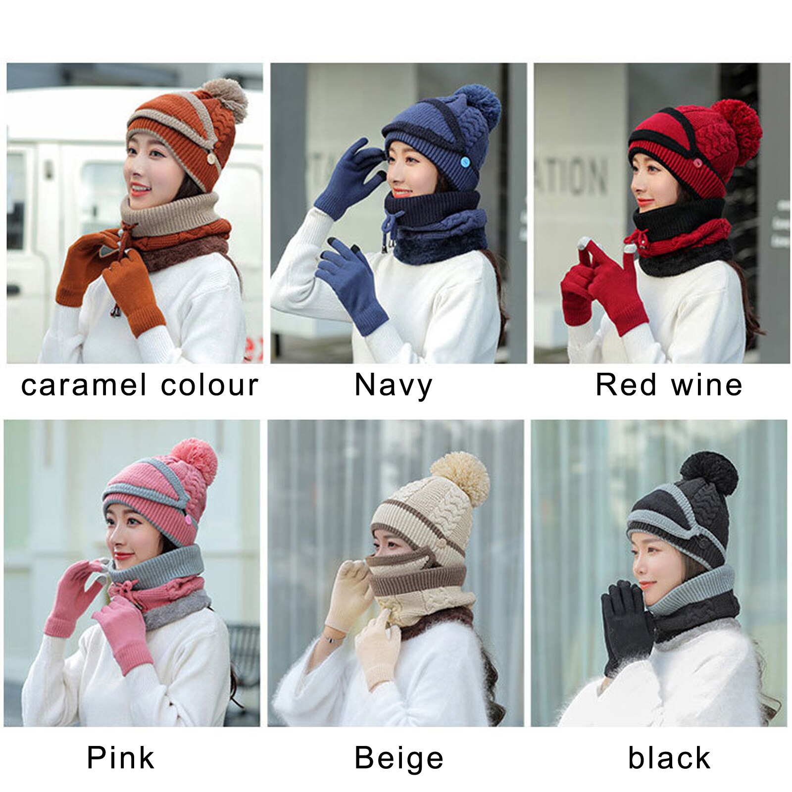 4Pcs Womens Winter Outdoor Warm Set Dames Winter Verdikte Gebreide Muts Sjaal Cover Handschoenen Dames Muts Set