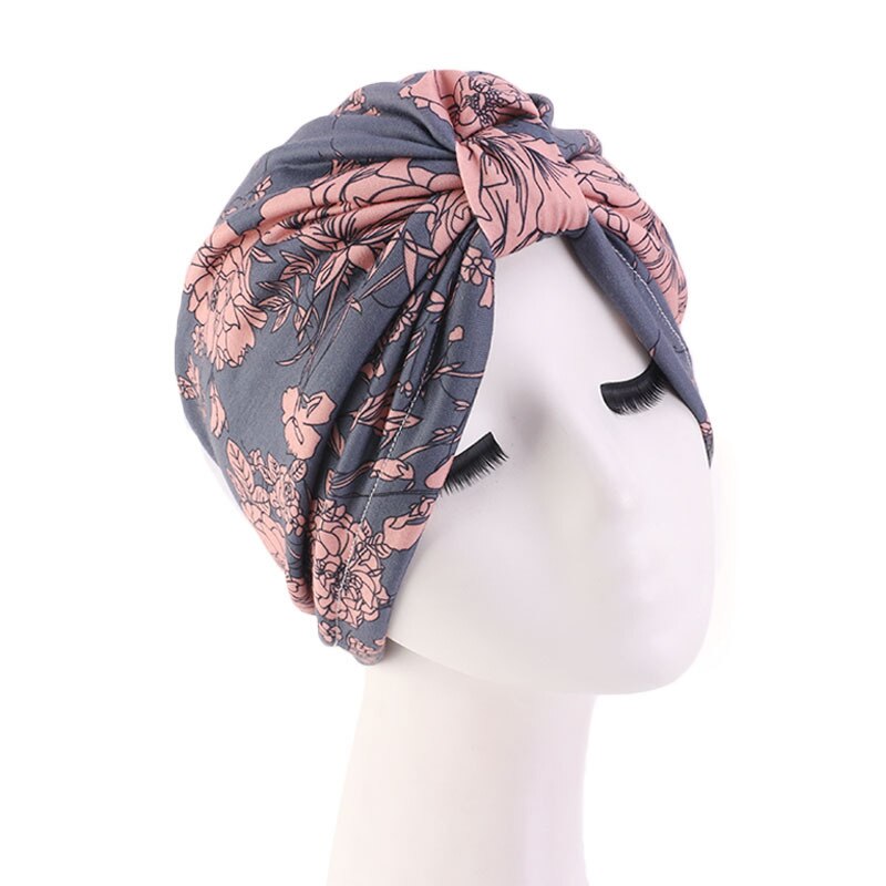 Elastische katoenen tulband hoed bloemenprint dames warme hoofddoek muts binnen hijabs muts moslim hijab vrouwelijke wikkel hoofd: Grijs