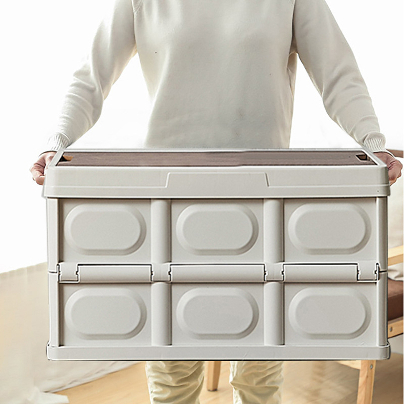 30L 56L Outdoor Plastic Folding Storage Box With Wooden Lid For Travel Organizer Car Sundries Food Container Lunchbox Fiambrera