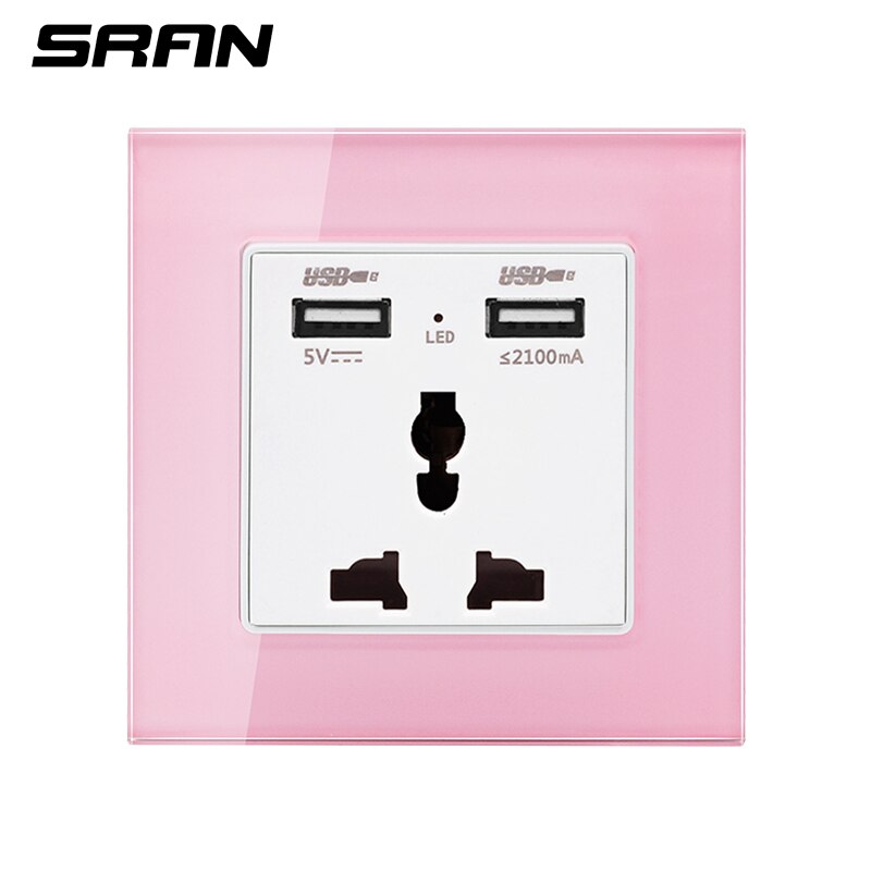 SRAN 3 pin universal power socket with USB,dual usb output 5V 2.1A Crystal glass panel 86mm*86mm white/black wall socket: Pink
