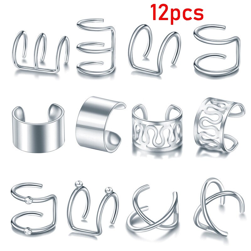 12pcs/set Punk Rock Ear Clip Cuff Wrap Earrings No piercing-Clip On Cartilage Wrap Earring: 12pcs silver