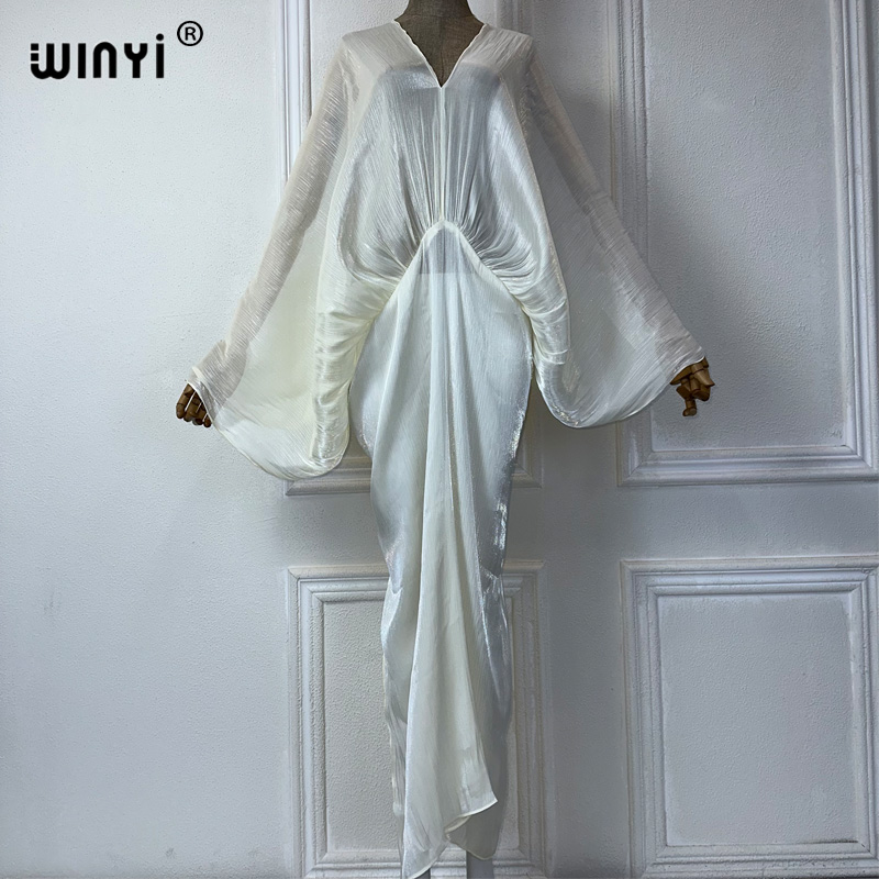 WINYI summer Pearlescent sexy perspective dress maxi beach dress Female Vestidos Party Evening Dress: Khaki