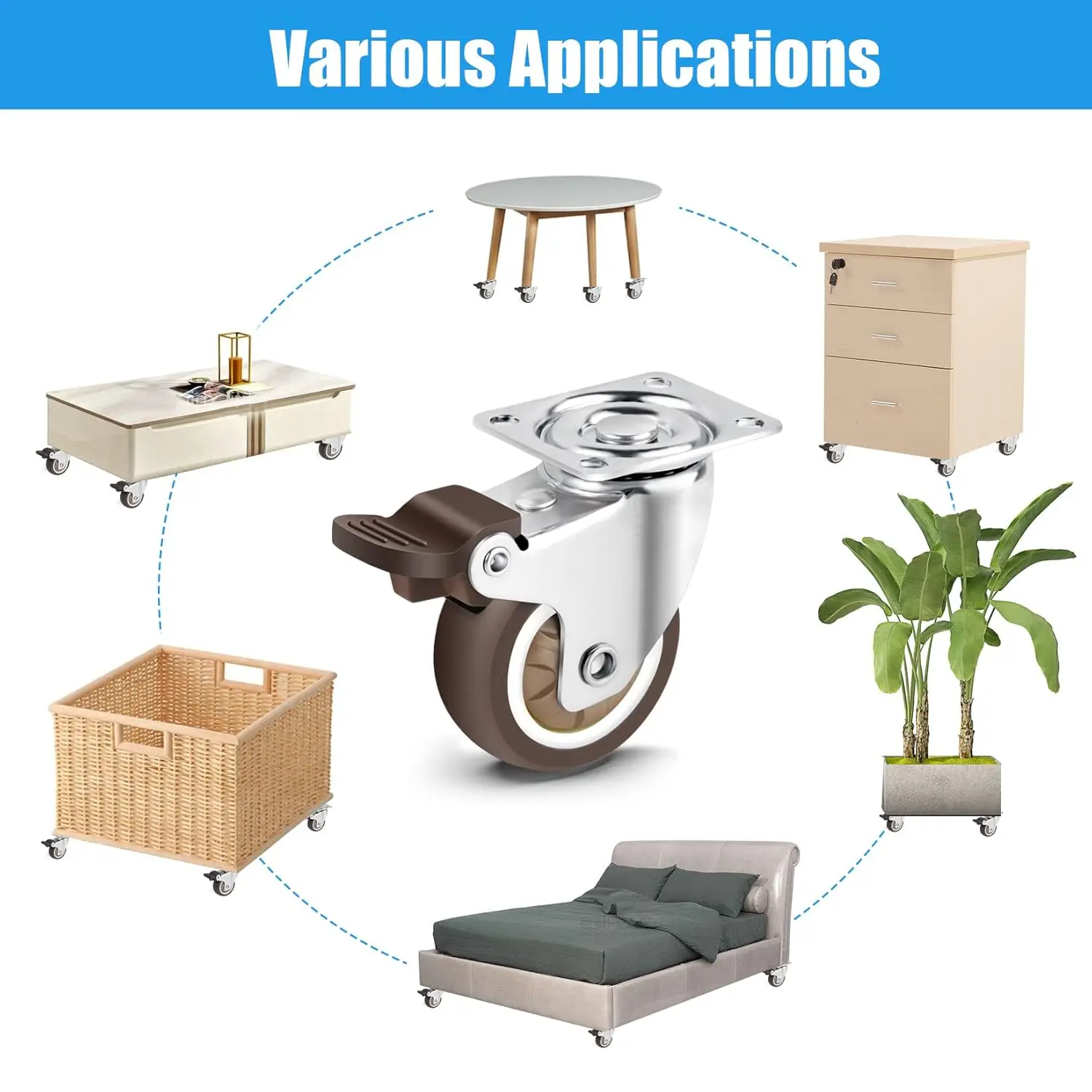 2 Inch Caster Wheels for Furniture, Rubber Swivel Caster Wheels Set of 4, Heavy Duty Casters with Capacity 600 LBS