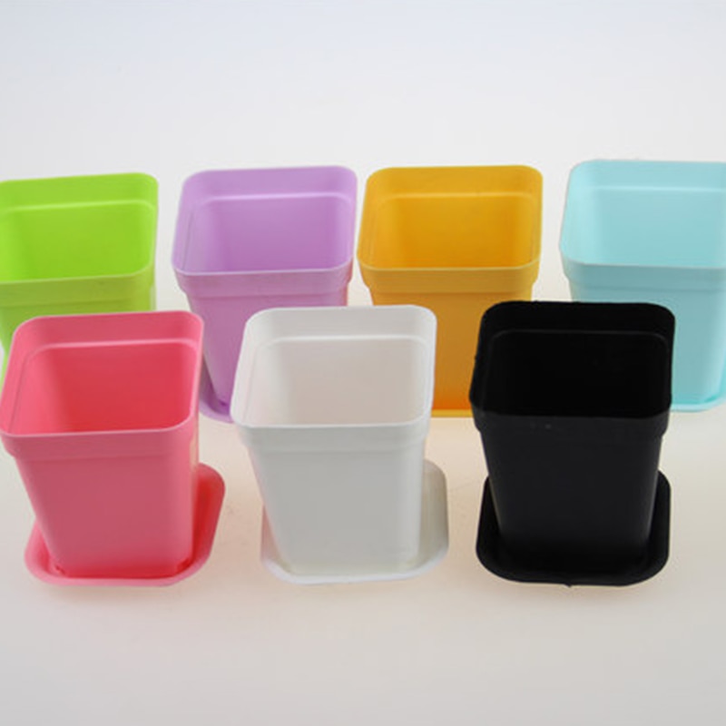 10pcs Mini Square Plastic Plant Flower Pot Home Office Decor Planter Colorful With Pots Trays Green Plant Flower Garden Supplies