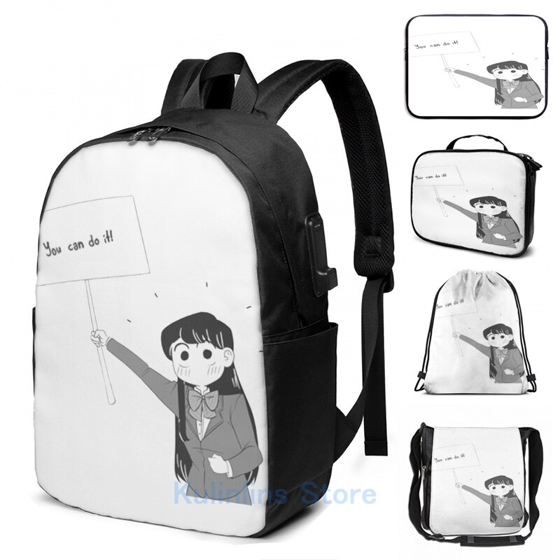 Lustiger grafikdruck: komi-san, du schaffst das! usb-lade-rucksack, herren-schulrucksack, damen-reiserucksack, laptoptasche