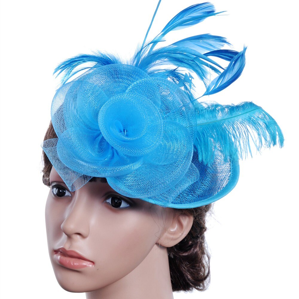 Specielt til dame fest hatte kvinder bryllup fascinator mesh hat bånd fjer fest hat: Himmelblå