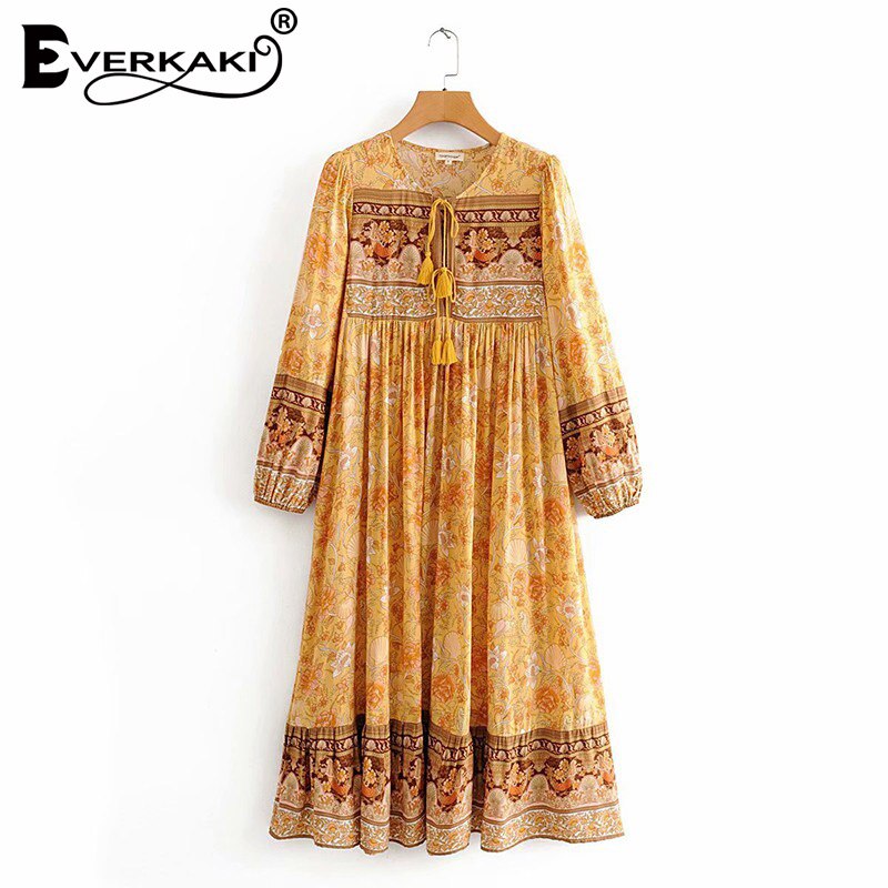 Everkaki boho blommönster lång klänning dam tofsar hals bunden zigenare vestidos dam vintage maxi klänningar kvinnlig vår