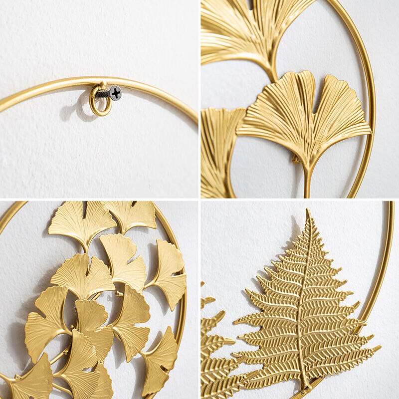 Nordic Home Decoration Metal Decor Living Room Wall Hanging Wall Decoration Round Golden Leaf Wall Hanging Display Stand