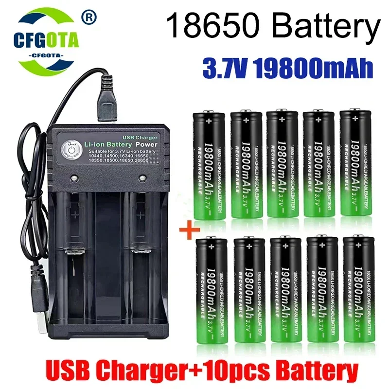 18650 Baterías de Litio Linterna 18650 Batería Recargable 3.7V 19800 Mah para Linterna + Cargador USB