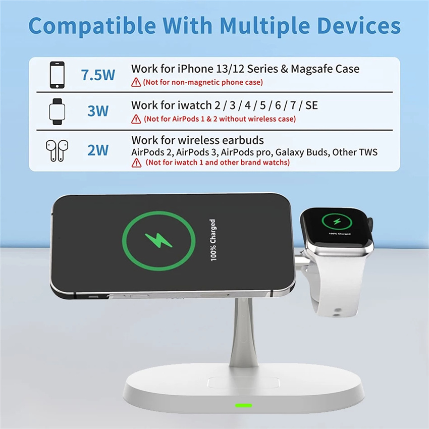 Suporte de carregador magnético sem fio, estação de carregamento rápido para iPhone 15, 14, 13, 12 Pro Max, Apple Watch 8, 7, Airpods Pro, 3 em 1, 30W