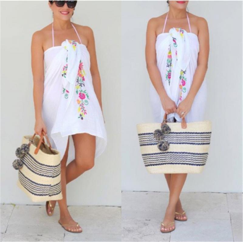 Handgefertigte, gewebte taschen für damen, boho-strohtasche mit streifen und pompons, sommer-strandtasche, xxl-einkaufstasche, wayuu-häkelarbeit