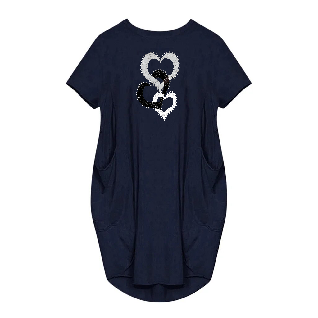 Vestido con bolsillo estampado en forma de corazón para mujer, ropa informal de manga corta con cuello redondo para primavera y verano