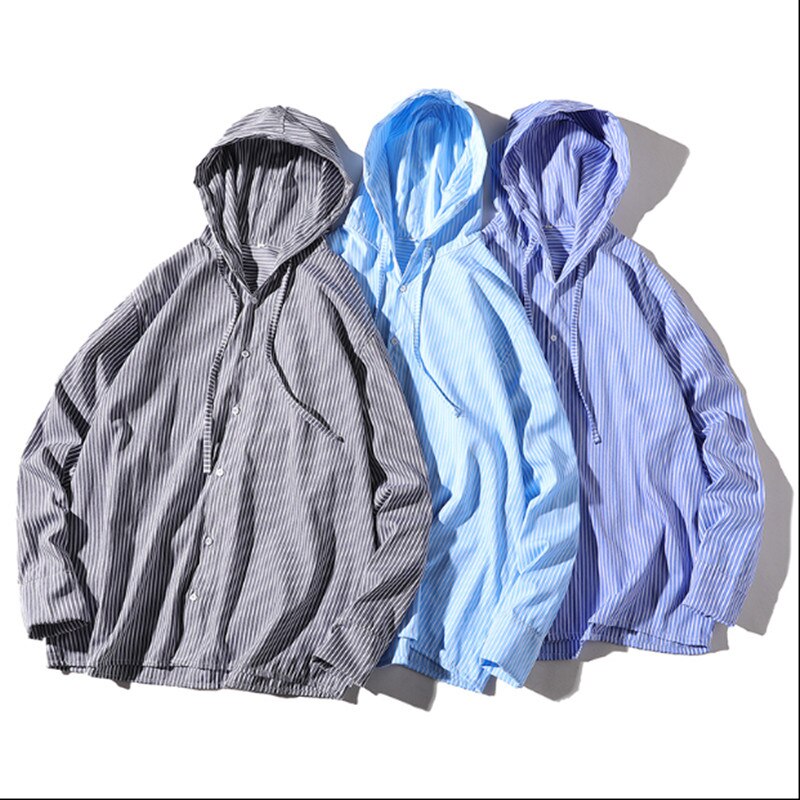 Chemise à capuche en coton pour homme, coupe ample, décontractée, à rayures, avec boutons, protection solaire,