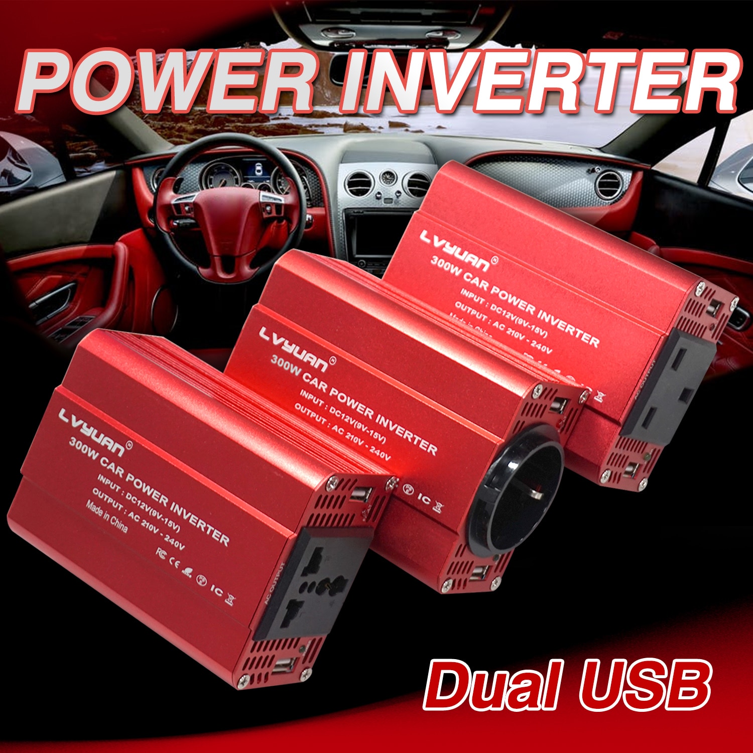 300w inverter 12v til 220v 230v bil sigarettenner plugg spenningsomformer dobbel usb eu/uk/au/universell stikkontakt biltilbehør