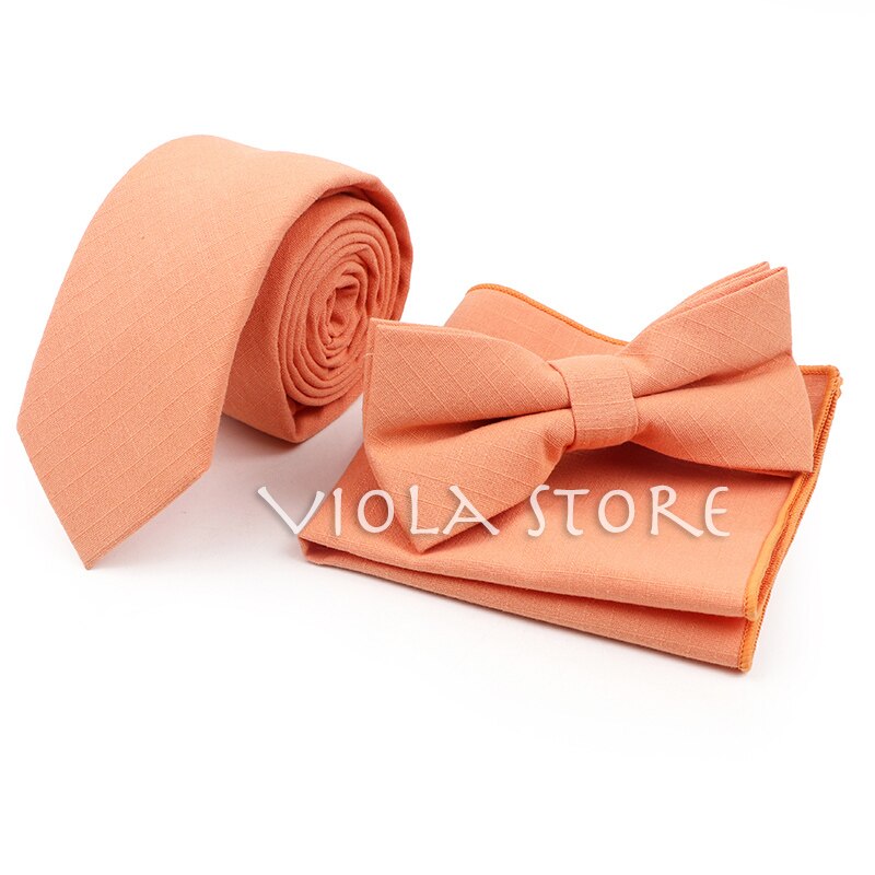 Conjunto de pañuelo de algodón para hombre, corbata de lazo, Color verde claro, rosa, naranja, sólido, 6cm, para boda, , accesorio superior: 01