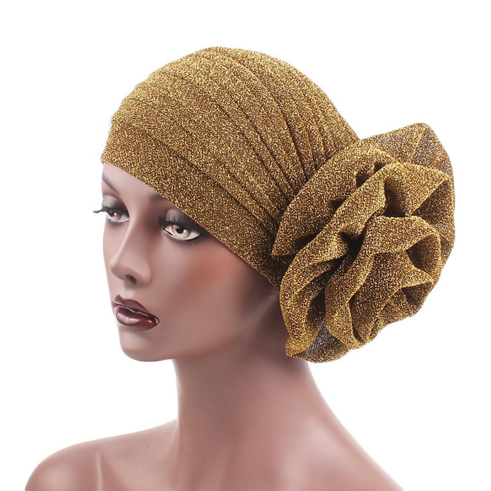 Muslim Hat Big Flower Glitter Turban Hat Muslim Indian Cap Women Head Wrap Headwear Solid Color Women's Hat Breathable