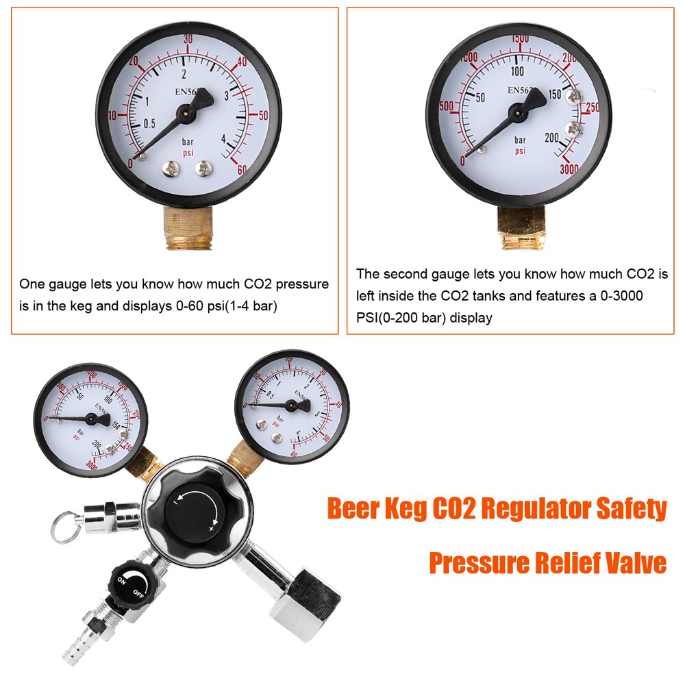 Bærbar rustfri stål øl  co2 tønde regulator sikkerhedstrykventil 0-3000 psi tanke dobbelt manometer