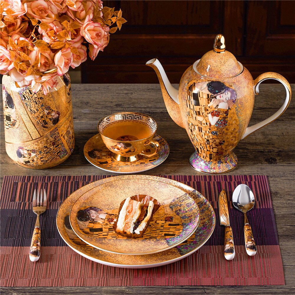 Luxury Bone China British Tea Cup Set Gustav Klimt Porcelain Coffee Set Ceramic Teapot Creamer Sugar Bowl Milk Jug Coffeeware