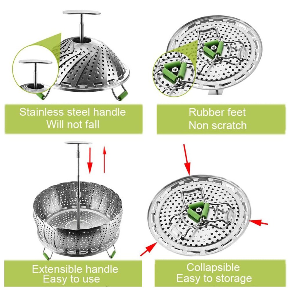 Steamer Stainless Steel Folding Food Steamer Retractable Handle Kitchen Cookware Utensils Steam Cooking Food Fruit Basket