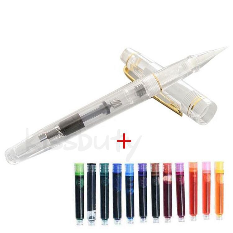 Fountains Brush Pen Transparent Gold Fountain Pen Calligraphy Soft Water Brush Drawing Writing Caligraphy Ink Pen Art Supplies: 1ps pen-12 ink sac