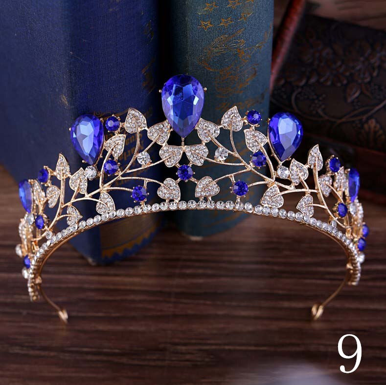 Baroque Luxury Handmade Rhinestone Bridal blue Crystal Big Crown Tiaras Diadem for Bride Headbands Wedding Hair Accessories