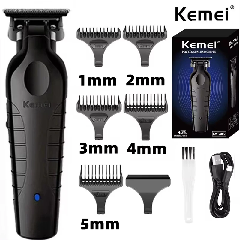 Kemei km -2299 barber trådløs hårtrimmer 0mm nul-gabbet udskæringsklipper detailer elektrisk finish-skæremaskine: Sort