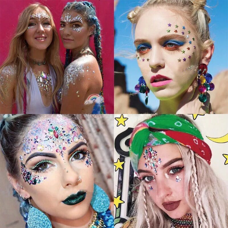 Maskerad ansiktsdekoration gör-det-själv smycken akryl strass festivalfest tillfällig tatuering ansiktsklistermärken för kvinnor